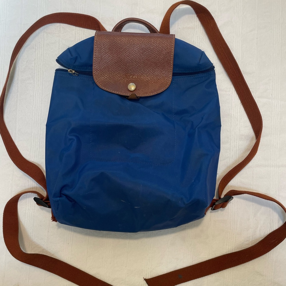 Blue Nylon Backpack with Brown Trim - Unbranded